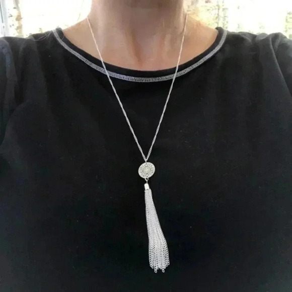 Detailed Circle and Tassel Silver Fashion Statement Long Necklace NWT - Picture 1 of 3